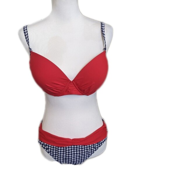 Red, white & blue 2-pc bikini, padded top, ruched waistband bottom M - Picture 1 of 5